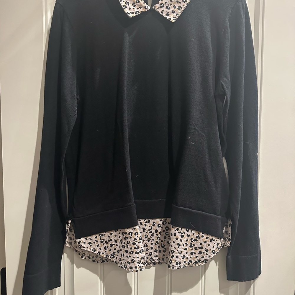 J. Crew Black Top with Animal Print Accents